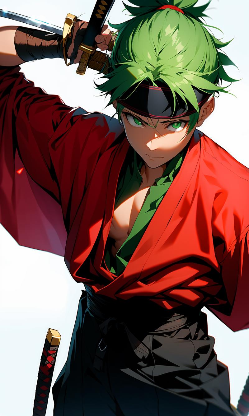 03846-196810293-,sword, weapon, katana, sheath, male_focus, sheathed, scabbard, bandages, 1boy, headband, green_hair, solo, weapon_on_back, read.png